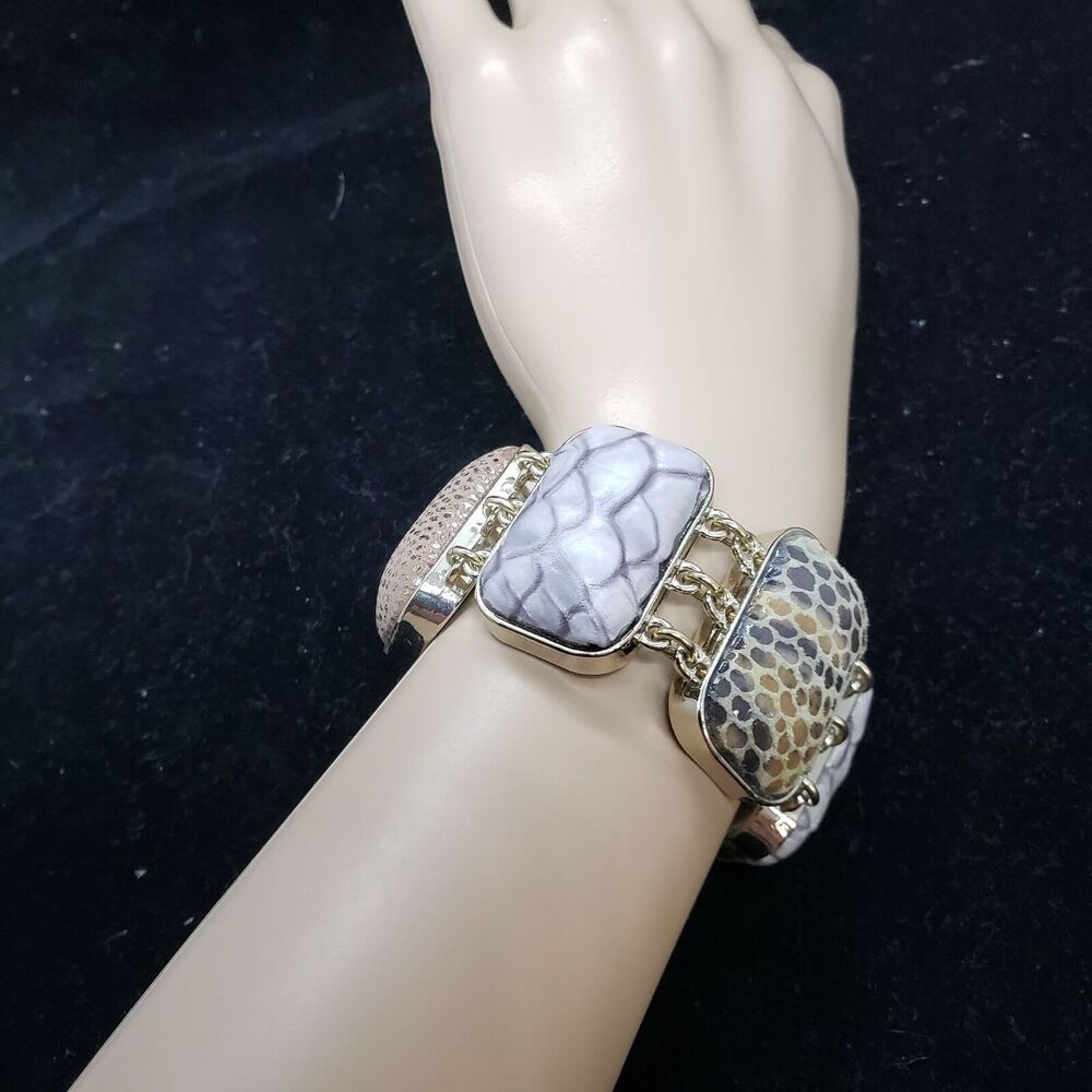 Faux Snakeskin Stone Wide Cuff Bracelet Gold Tone Magnetic Clasp Safety Latch